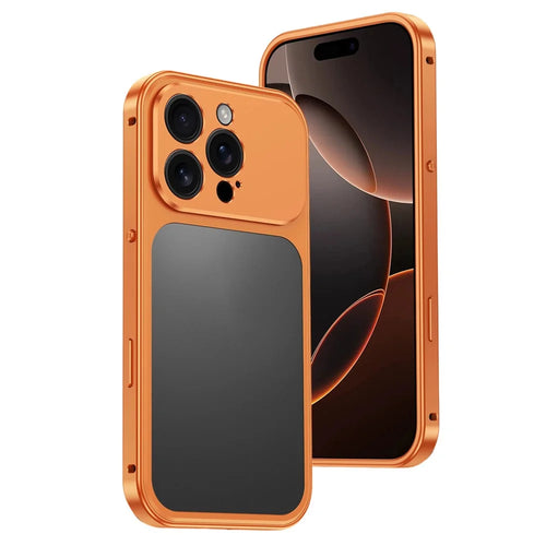 For iPhone 16 Pro Metal Frame Case Magnetic Snap On Frame PC Hollow Back Heat Dissipation Shockproof Cover - Titanium Orange - 1