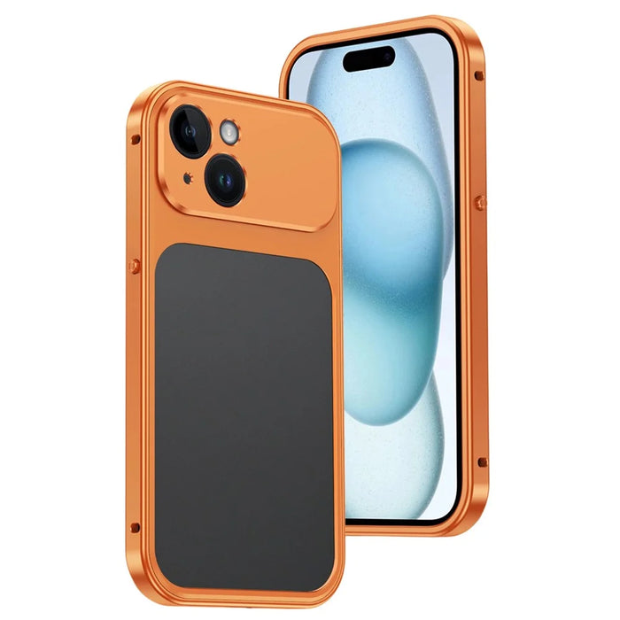 For iPhone 15 Metal Frame Case Magnetic Snap On Frame PC Hollow Back Heat Dissipation Shockproof Cover - Titanium Orange - 1