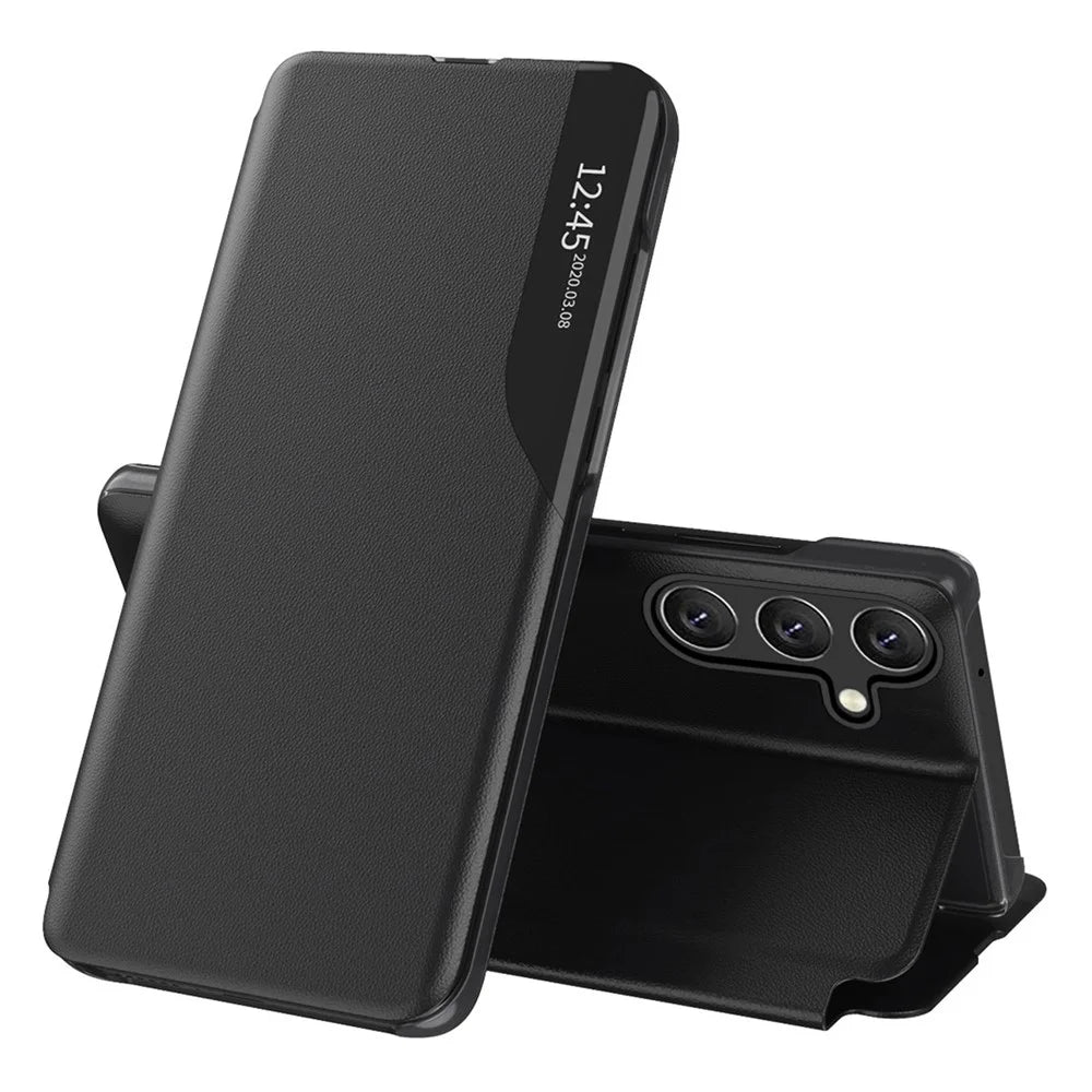 For Samsung Galaxy A27 5G Case Stand View Window Leather Phone Cover - Black - 1