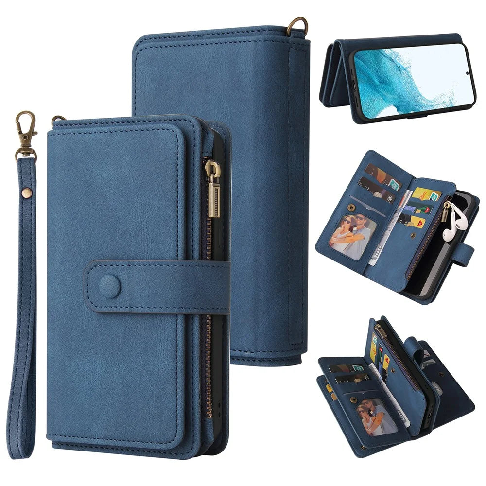 For Samsung Galaxy S23 Zipper Wallet Case with 15 Card Slots and Strap Leather Phone Cover - Blue - 1