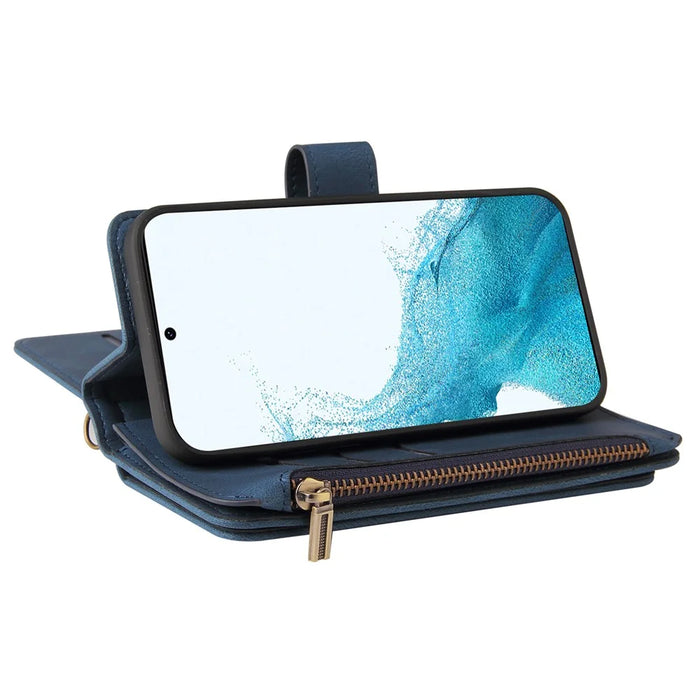 For Samsung Galaxy S23 Zipper Wallet Case with 15 Card Slots and Strap Leather Phone Cover - Blue - 3