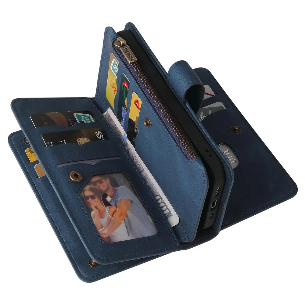 For Samsung Galaxy S23 Zipper Wallet Case with 15 Card Slots and Strap Leather Phone Cover - Blue - 4