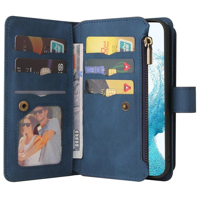 For Samsung Galaxy S23 Zipper Wallet Case with 15 Card Slots and Strap Leather Phone Cover - Blue - 6