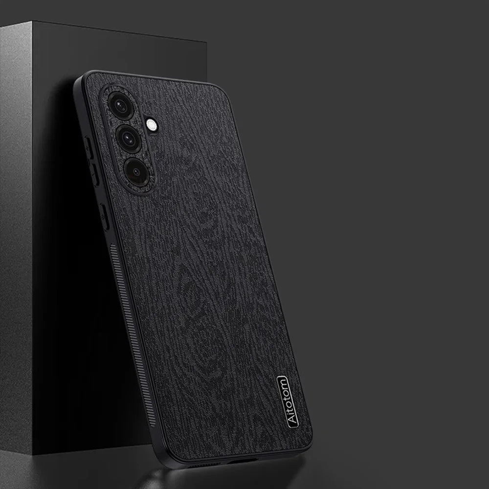 For Samsung Galaxy A27 5G Case Wood Texture PU Leather Coated PC TPU Phone Cover - Black - 2