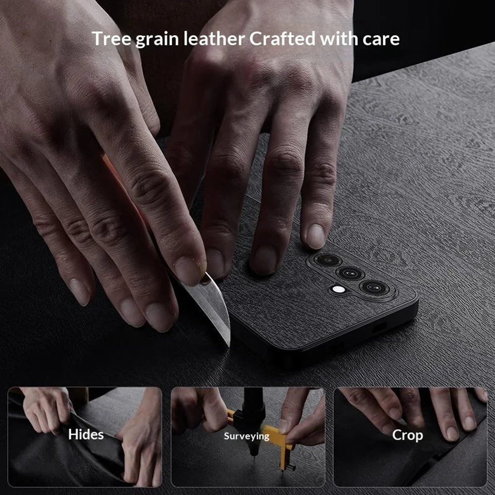 For Samsung Galaxy A27 5G Case Wood Texture PU Leather Coated PC TPU Phone Cover - Black - 3