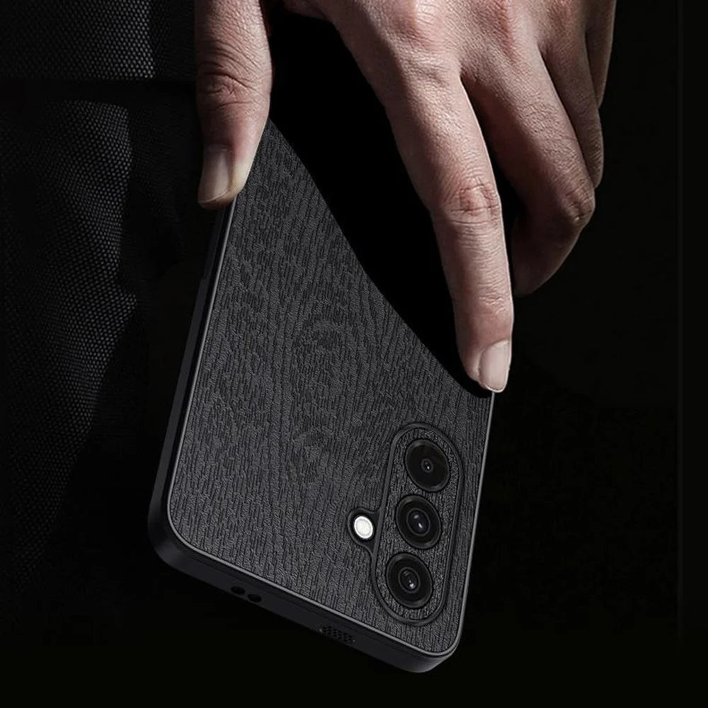 For Samsung Galaxy A27 5G Case Wood Texture PU Leather Coated PC TPU Phone Cover - Black - 6