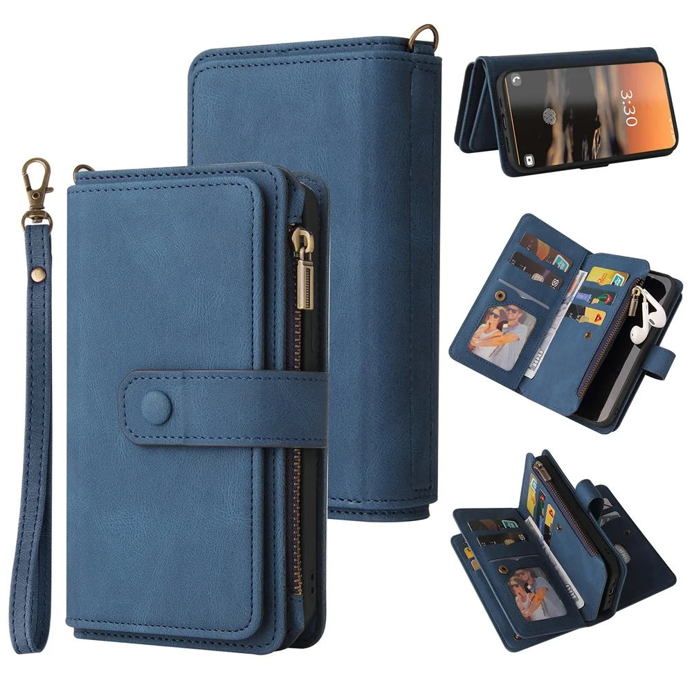 For Samsung Galaxy S23 Ultra Zipper Wallet Case with 15 Card Slots and Strap Leather Phone Cover - Blue - 1