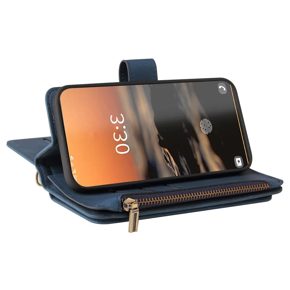 For Samsung Galaxy S23 Ultra Zipper Wallet Case with 15 Card Slots and Strap Leather Phone Cover - Blue - 3