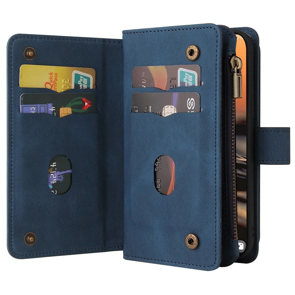 For Samsung Galaxy S23 Ultra Zipper Wallet Case with 15 Card Slots and Strap Leather Phone Cover - Blue - 5