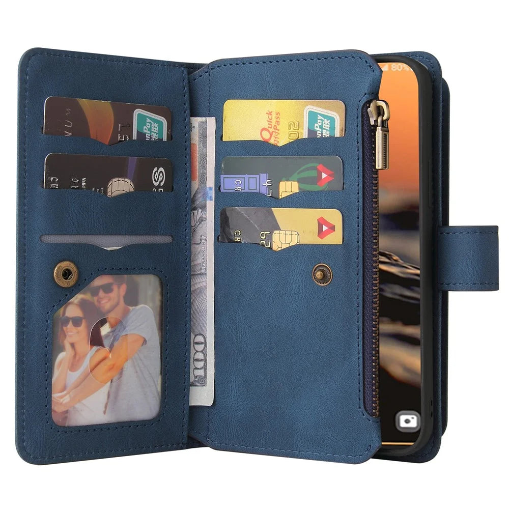 For Samsung Galaxy S23 Ultra Zipper Wallet Case with 15 Card Slots and Strap Leather Phone Cover - Blue - 6