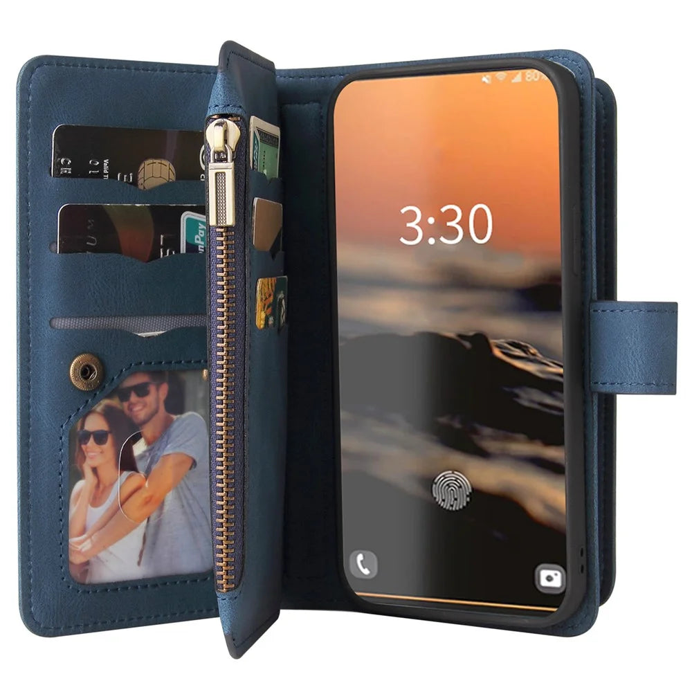 For Samsung Galaxy S23 Ultra Zipper Wallet Case with 15 Card Slots and Strap Leather Phone Cover - Blue - 7