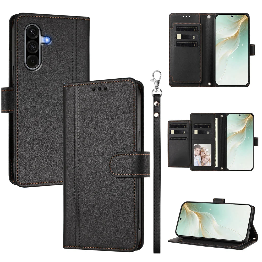 For Samsung Galaxy A18 5G / A18 4G / A17 5G / A17 4G / A26 5G Case 9 Card Slots PU Leather Flip Wallet Phone Cover with Hand Strap - Black - 1