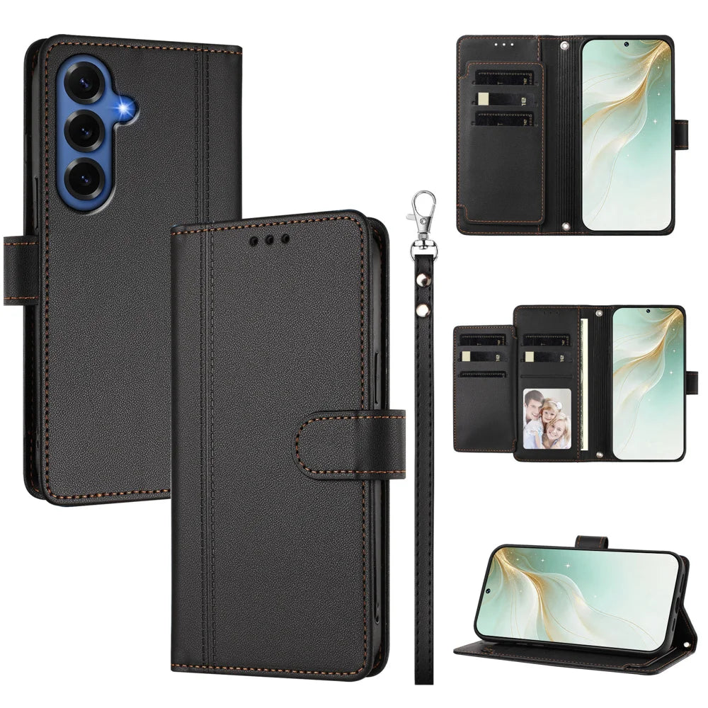 For Samsung Galaxy S26+ Case 9 Card Slots PU Leather Flip Wallet Phone Cover with Hand Strap - Black - 1