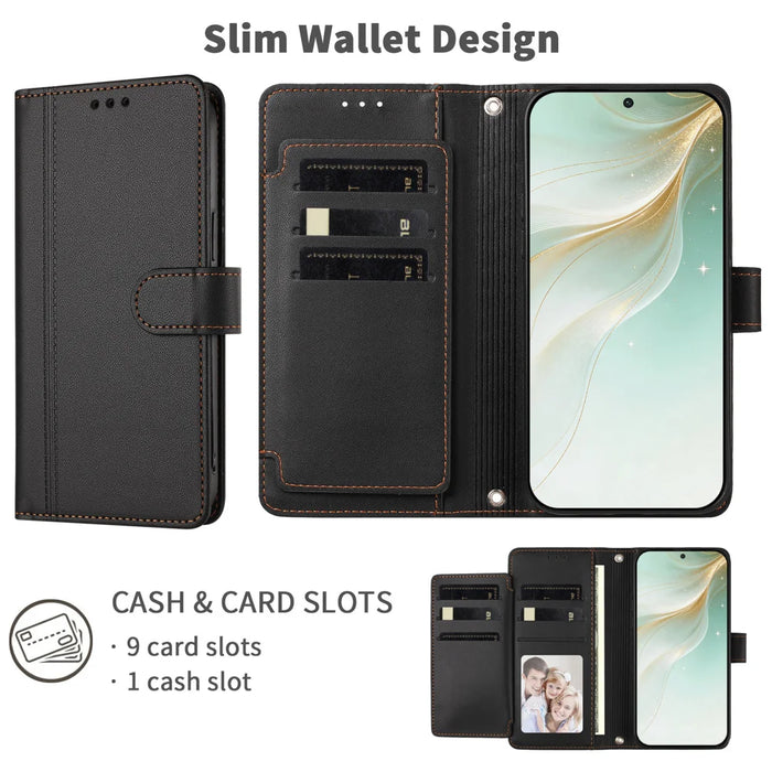 For Samsung Galaxy S26+ Case 9 Card Slots PU Leather Flip Wallet Phone Cover with Hand Strap - Black - 5