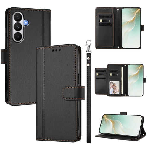 For Samsung Galaxy S26 Case 9 Card Slots PU Leather Flip Wallet Phone Cover with Hand Strap - Black - 1
