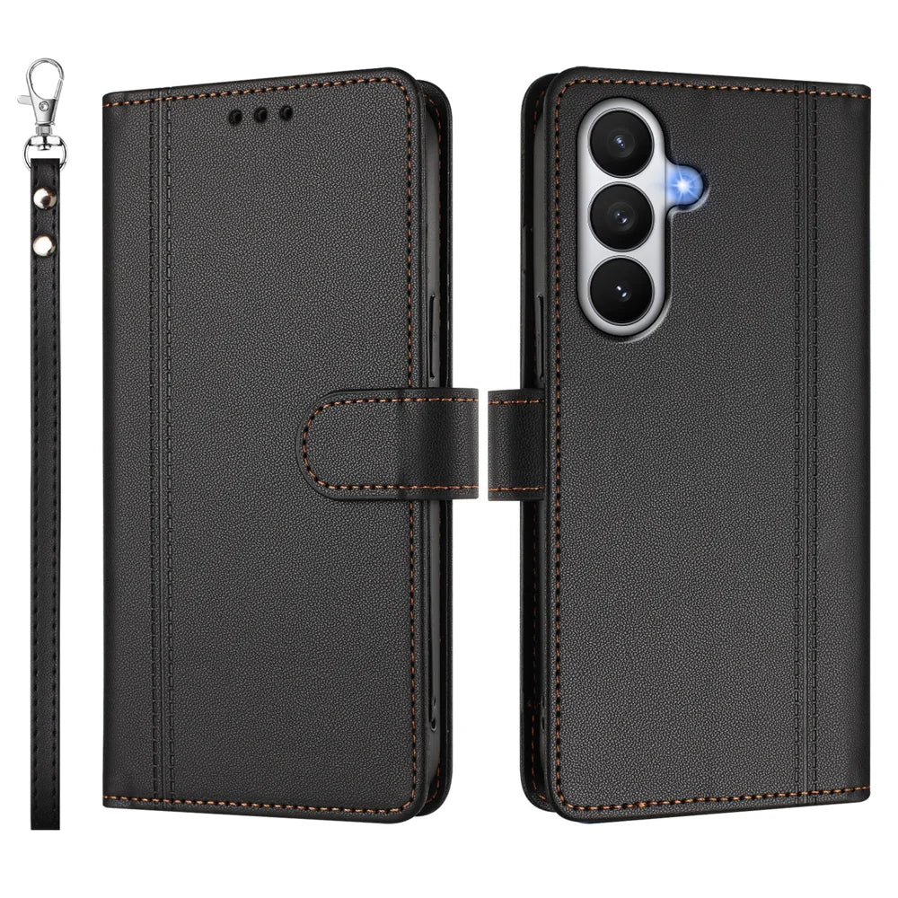 For Samsung Galaxy S26 Case 9 Card Slots PU Leather Flip Wallet Phone Cover with Hand Strap - Black - 2