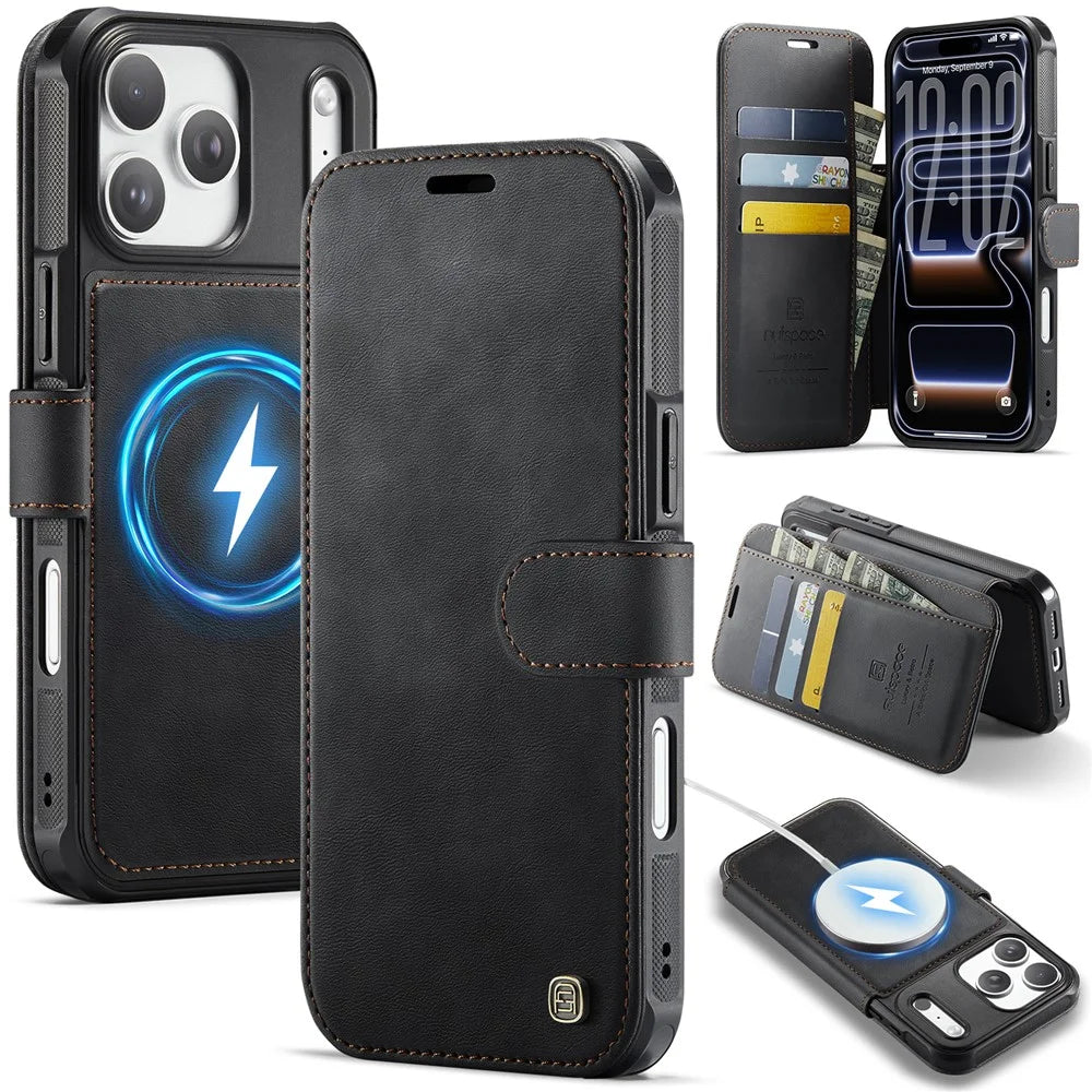 AUTSPACE A15 For iPhone 17 Pro Max Case RFID Blocking Wallet Leather Magnetic Phone Cover - Black - 1