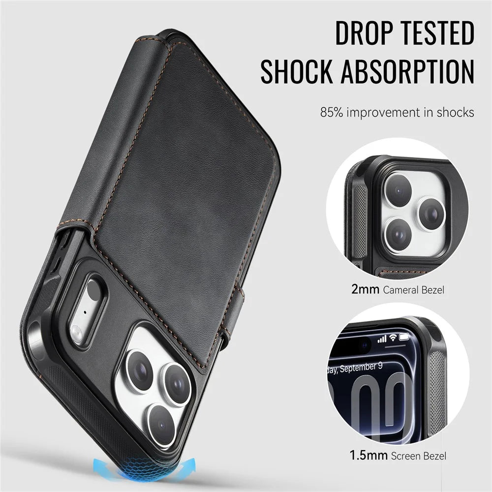 AUTSPACE A15 For iPhone 17 Pro Max Case RFID Blocking Wallet Leather Magnetic Phone Cover - Black - 3