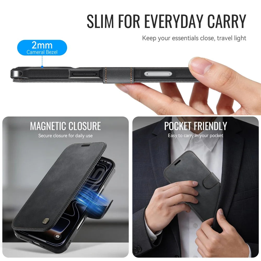 AUTSPACE A15 For iPhone 17 Pro Max Case RFID Blocking Wallet Leather Magnetic Phone Cover - Black - 4