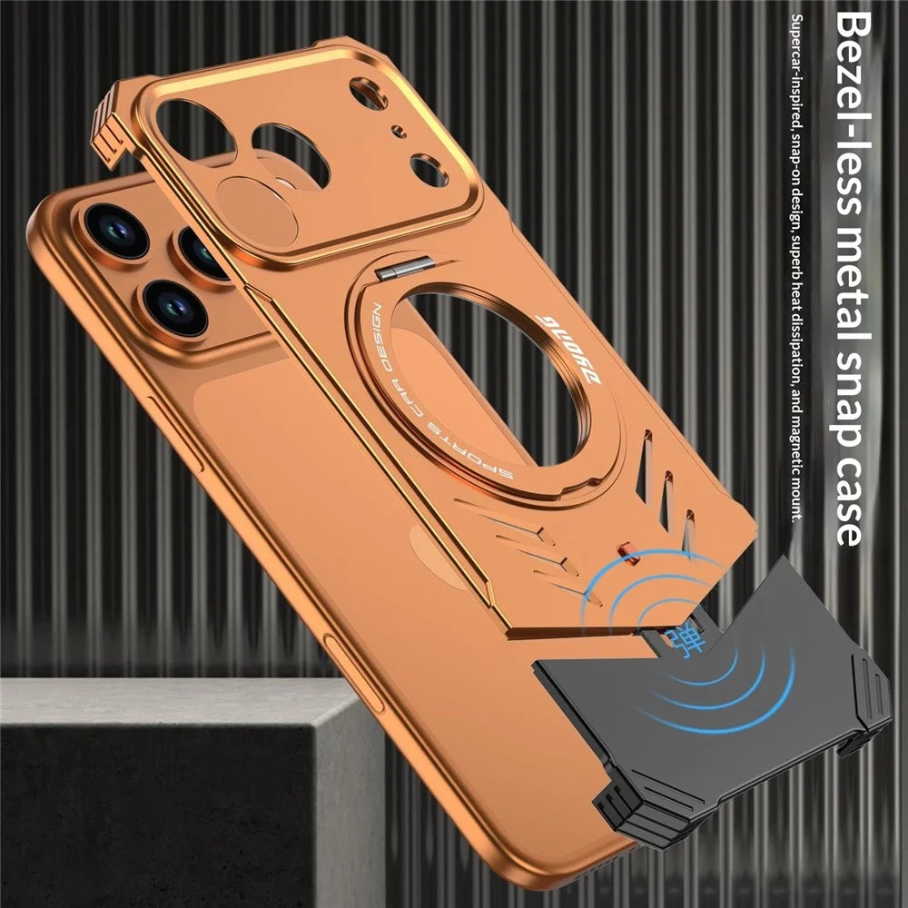 DYONG For iPhone 17 Pro Max Metal Case Frameless Hollow Heat Dissipation Phone Cover with Kickstand - Orange - 2