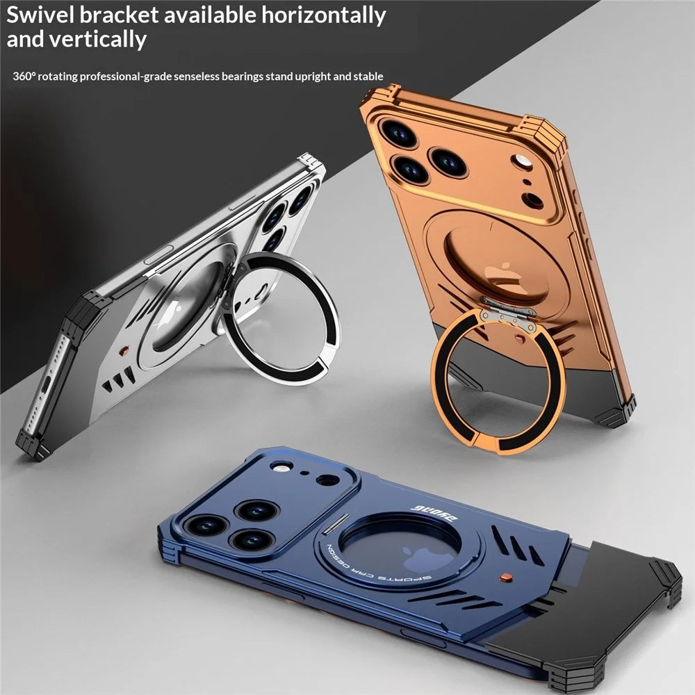 DYONG For iPhone 17 Pro Max Metal Case Frameless Hollow Heat Dissipation Phone Cover with Kickstand - Orange - 3