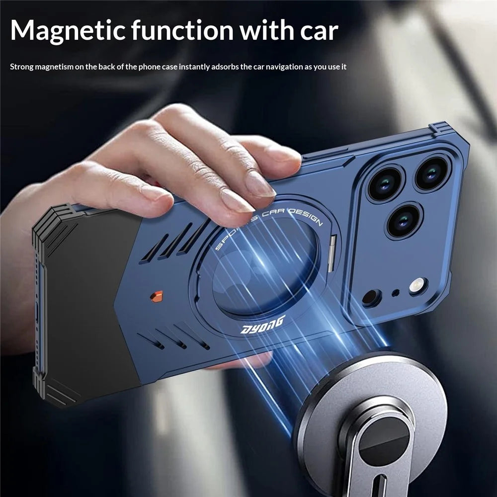 DYONG For iPhone 17 Pro Max Metal Case Frameless Hollow Heat Dissipation Phone Cover with Kickstand - Orange - 4