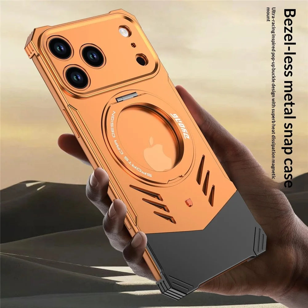 DYONG For iPhone 17 Pro Max Metal Case Frameless Hollow Heat Dissipation Phone Cover with Kickstand - Orange - 7
