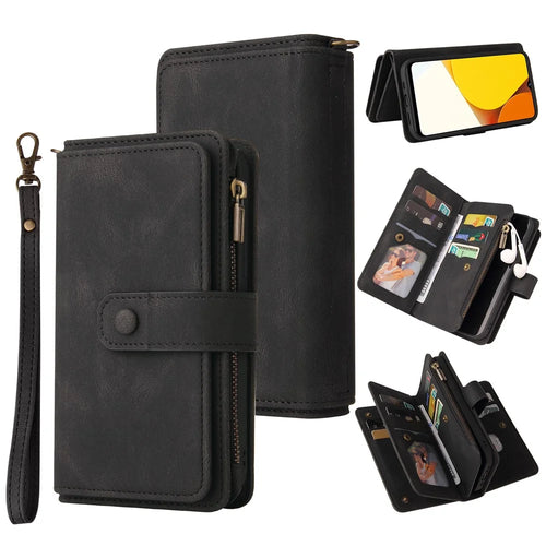 For vivo Y35 / Y22 4G / Y22s 4G Zipper Wallet Case with 15 Card Slots and Strap Leather Phone Cover - Black - 1