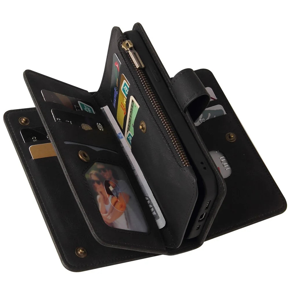 For vivo Y35 / Y22 4G / Y22s 4G Zipper Wallet Case with 15 Card Slots and Strap Leather Phone Cover - Black - 4