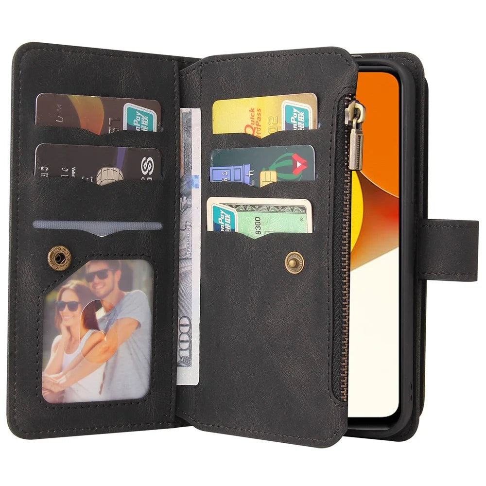 For vivo Y35 / Y22 4G / Y22s 4G Zipper Wallet Case with 15 Card Slots and Strap Leather Phone Cover - Black - 6