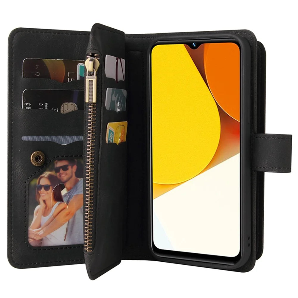 For vivo Y35 / Y22 4G / Y22s 4G Zipper Wallet Case with 15 Card Slots and Strap Leather Phone Cover - Black - 7