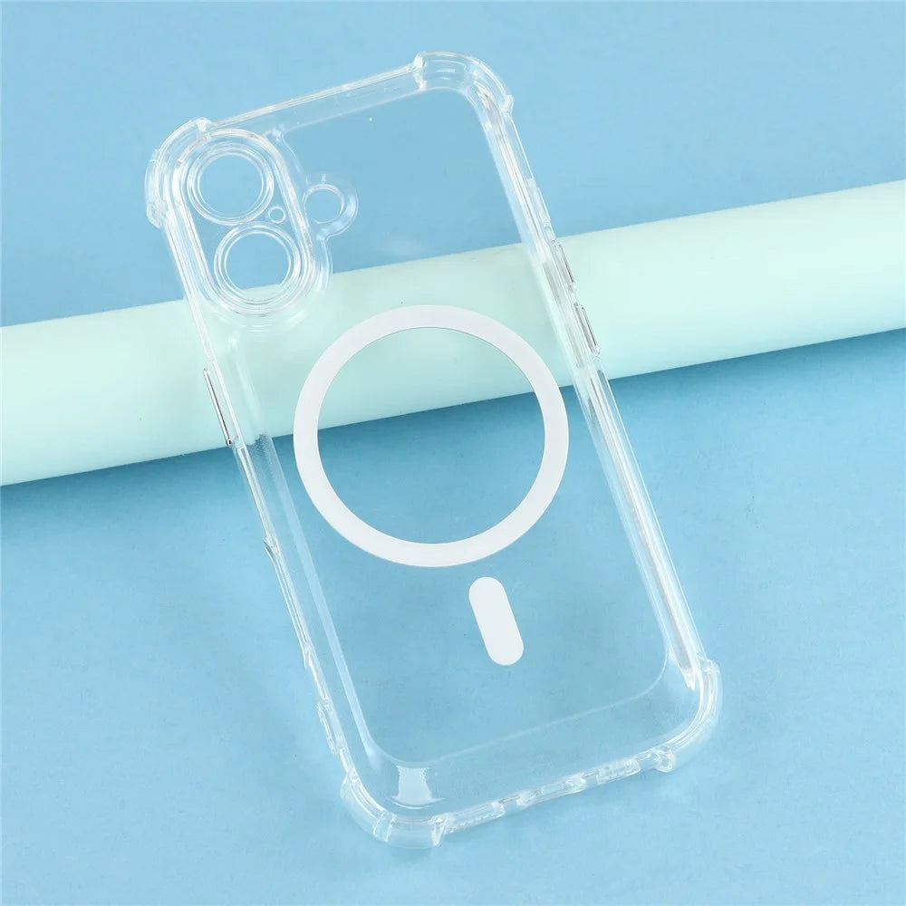 For iPhone 16 Magnetic Case Electroplated Buttons PC TPU Shockproof Clear Cover - Transparent - 4
