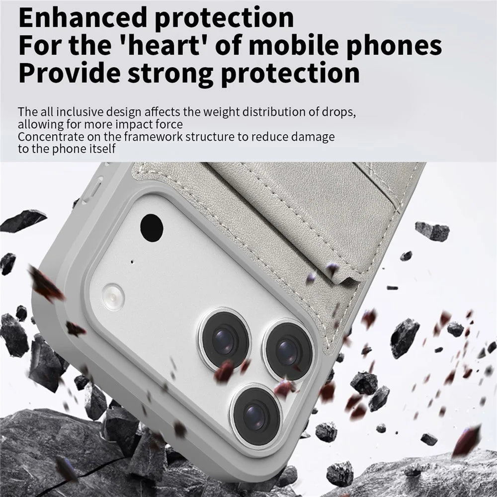For iPhone 17 Pro Max Case Multi-Card Slots Kickstand Leather + PC + TPU Shockproof Phone Cover - Grey - 3