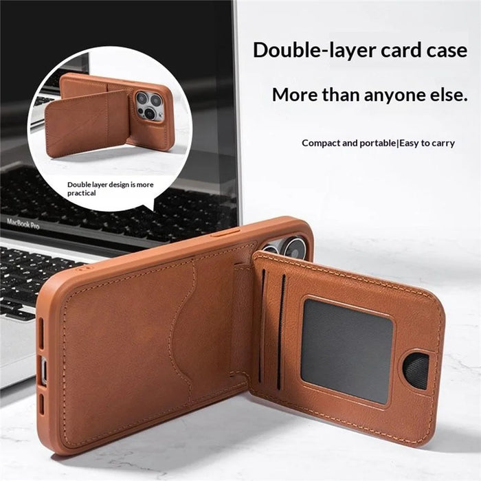 For iPhone 16 Pro Case Multi-Card Slots Kickstand Leather + PC + TPU Shockproof Phone Cover - Brown - 3