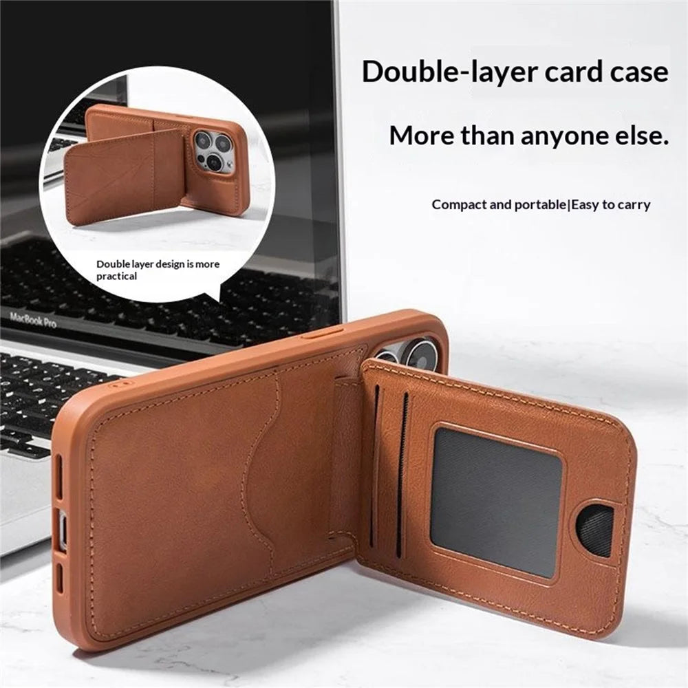 For iPhone 16 Pro Max Case Multi-Card Slots Kickstand Leather + PC + TPU Shockproof Phone Cover - Brown - 3