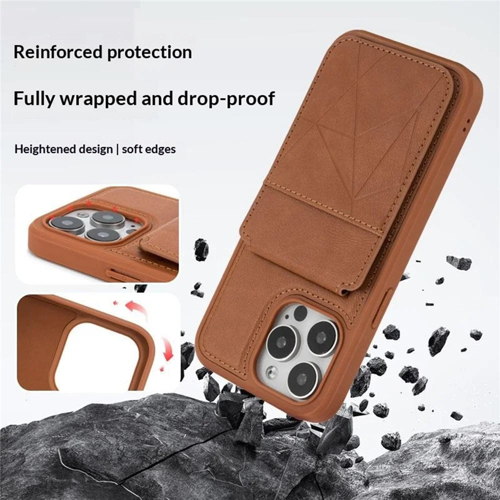 For iPhone 16 Pro Max Case Multi-Card Slots Kickstand Leather + PC + TPU Shockproof Phone Cover - Brown - 4