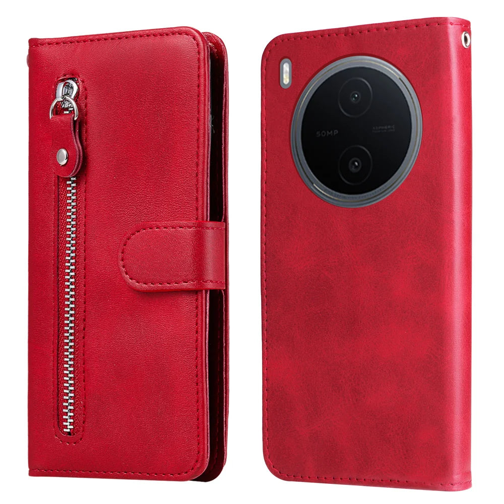 For vivo Y600 Pro 5G PU Leather Cases with Zipper Pocket Wallet Phone Cover Stand - Red - 1