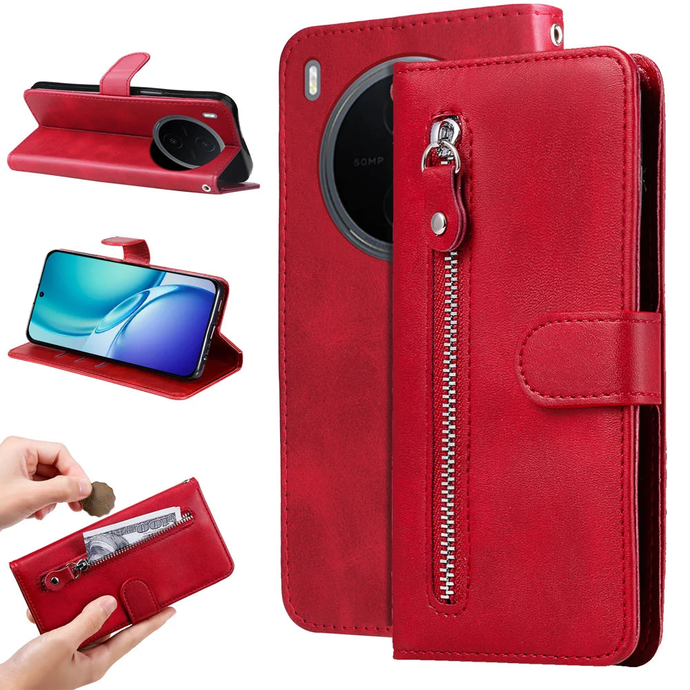 For vivo Y600 Pro 5G PU Leather Cases with Zipper Pocket Wallet Phone Cover Stand - Red - 2