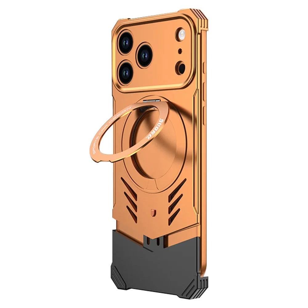 DYONG For iPhone 17 Pro Metal Case Frameless Hollow Heat Dissipation Phone Cover with Kickstand - Orange - 1