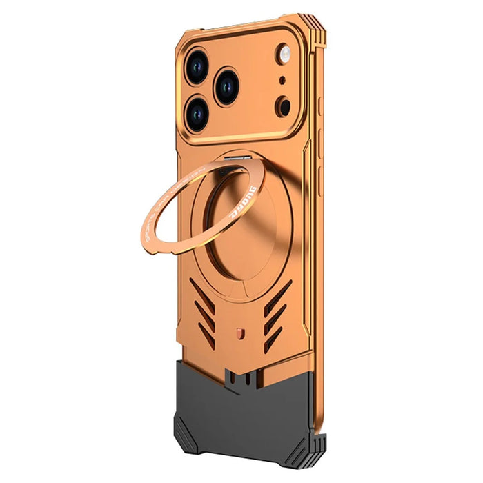 DYONG For iPhone 17 Pro Metal Case Frameless Hollow Heat Dissipation Phone Cover with Kickstand - Orange - 1