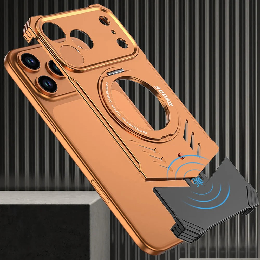 DYONG For iPhone 17 Pro Metal Case Frameless Hollow Heat Dissipation Phone Cover with Kickstand - Orange - 2