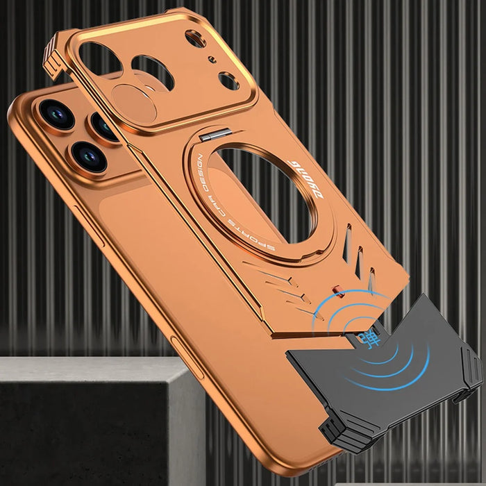 DYONG For iPhone 17 Pro Metal Case Frameless Hollow Heat Dissipation Phone Cover with Kickstand - Orange - 2