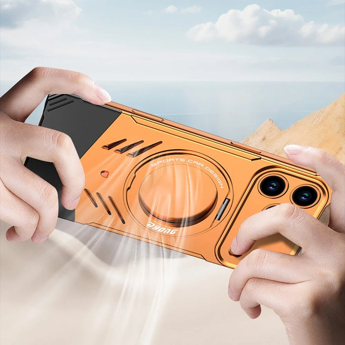 DYONG For iPhone 17 Pro Metal Case Frameless Hollow Heat Dissipation Phone Cover with Kickstand - Orange - 3
