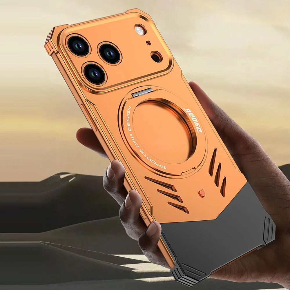 DYONG For iPhone 17 Pro Metal Case Frameless Hollow Heat Dissipation Phone Cover with Kickstand - Orange - 4
