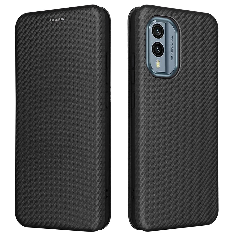 For Nokia X30 5G PU Leather Phone Case Card Slot Stand Carbon Fiber Texture Anti-scratch Magnetic Auto-absorbed Flip Cover - Black - 1