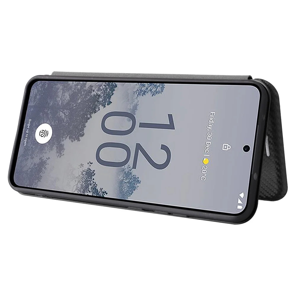 For Nokia X30 5G PU Leather Phone Case Card Slot Stand Carbon Fiber Texture Anti-scratch Magnetic Auto-absorbed Flip Cover - Black - 3