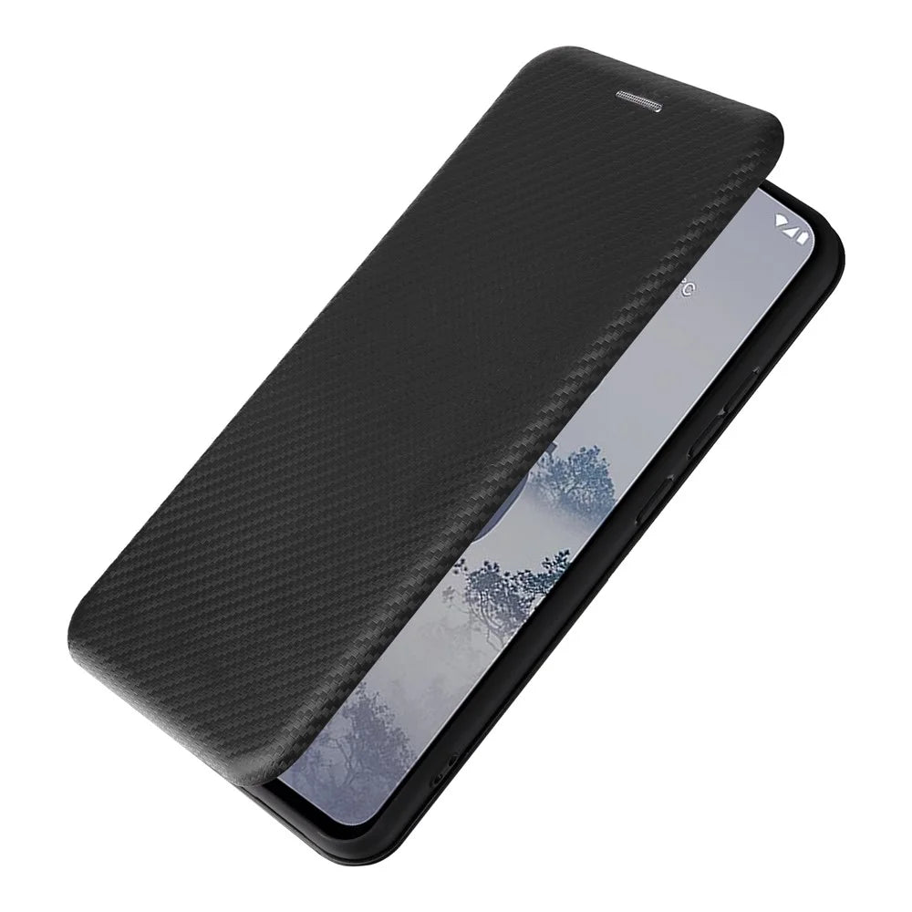 For Nokia X30 5G PU Leather Phone Case Card Slot Stand Carbon Fiber Texture Anti-scratch Magnetic Auto-absorbed Flip Cover - Black - 5