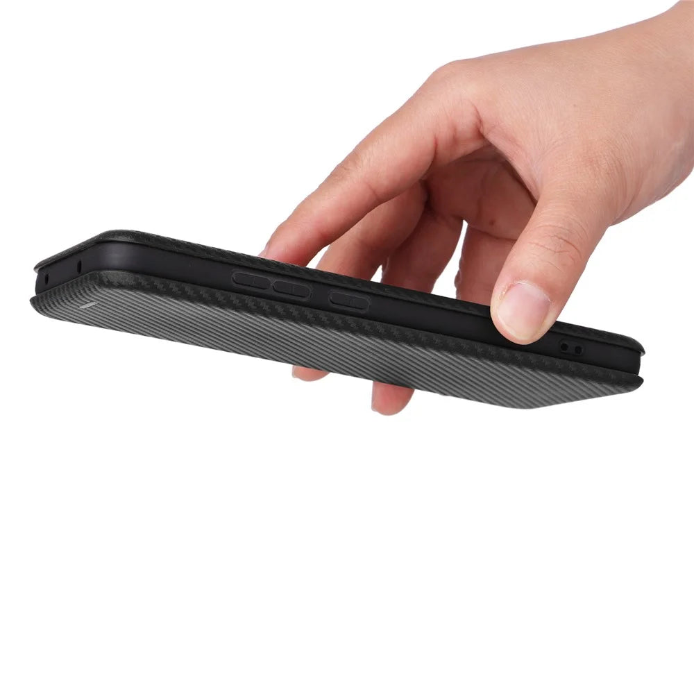For Nokia X30 5G PU Leather Phone Case Card Slot Stand Carbon Fiber Texture Anti-scratch Magnetic Auto-absorbed Flip Cover - Black - 7
