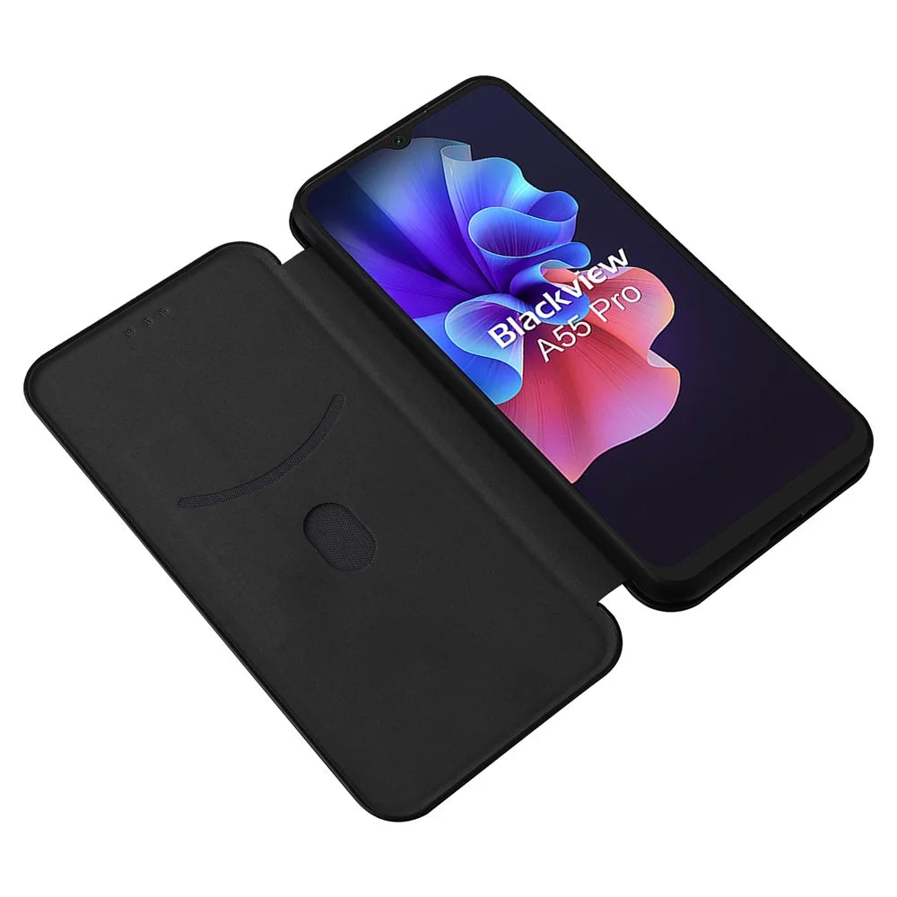 For Blackview A55 Pro Carbon Fiber Texture Case Magnetic Absorption Flip Cover PU Leather Card Slot Stand Phone Shell - Black - 2