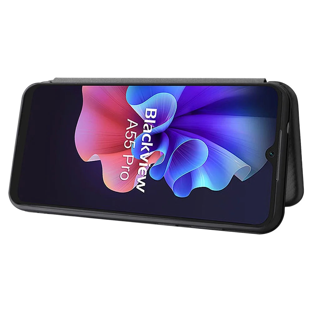 For Blackview A55 Pro Carbon Fiber Texture Case Magnetic Absorption Flip Cover PU Leather Card Slot Stand Phone Shell - Black - 3
